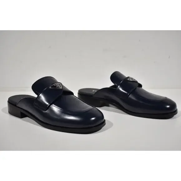 Prada Navy Blue Leather Triangle Silver Logo Loafer Slip On Slide Mule Flat 36.5